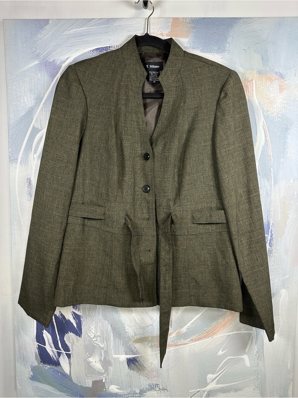 T. Milano Olive Green Blazer Jacket Long Sleeve Tailored Workwear Size 10 Med